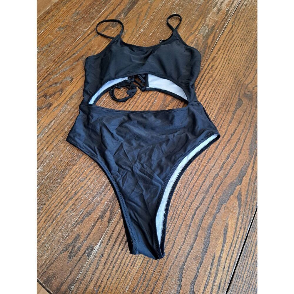 New Large Black Cut Out Criss Cross One Piece Swimsuit Bathing Suit Swimwear